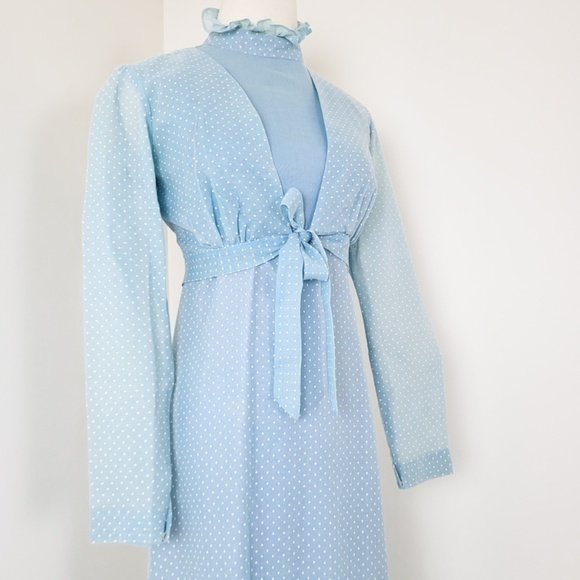 70's Baby Blue Maxi Dress Bolero Cardigan Halter High Neck Ruffles Floor Length - Picture 13 of 16